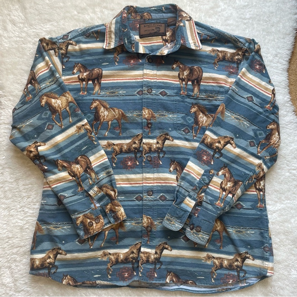 Bluff Creek Outfitters southwestern stripe blue horse print cotton button up